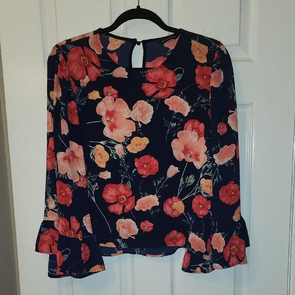 Mercer & Madison Navy Blue With Pink Floral Ruffled Blouse with Bell Sleeves